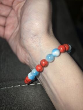 Red & Blue Beaded Stretch Bracelet • Gemstone Style • Handmade Jewelry 257